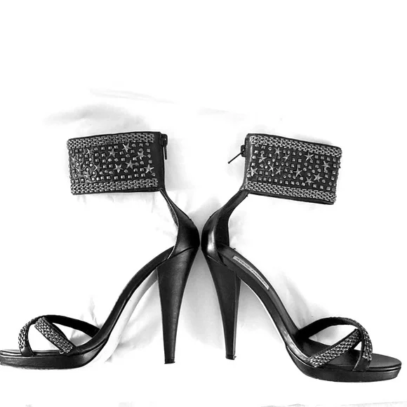 STEVE MADDEN leather silver studded open toe heeled Sandals w Ankle band.SIZE 39 - Picture 2 of 10